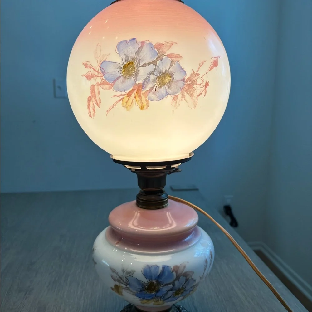Floral Glass Table Lamp with Pink and Blue Accents - Picture 3 of 15